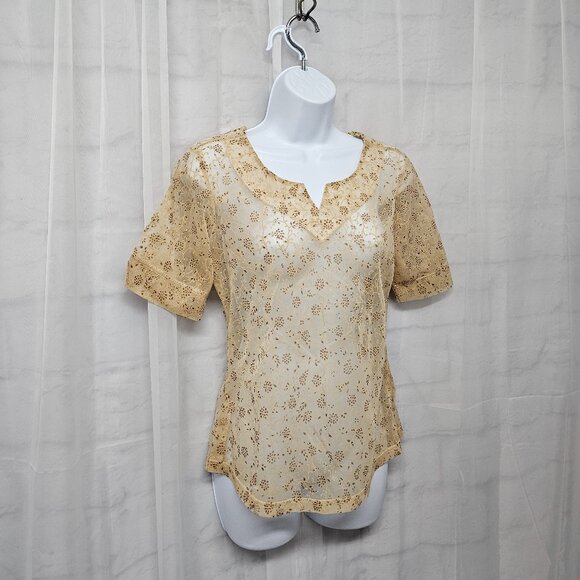 John & Philip Tan Gold Fairy Twee Blouse Sheer Floral Coquette Whimsy M - Picture 4 of 9